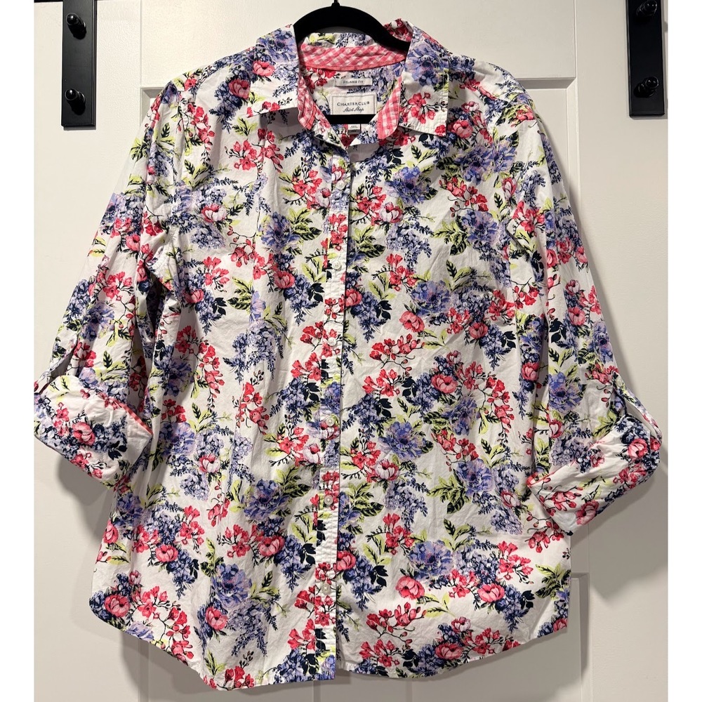 Charter Club Romantic Floral Cotton Button Front Blouse Ladies Size 18